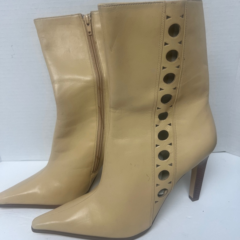 Dollhouse Beige Heeled Boots with Geometric Cutouts